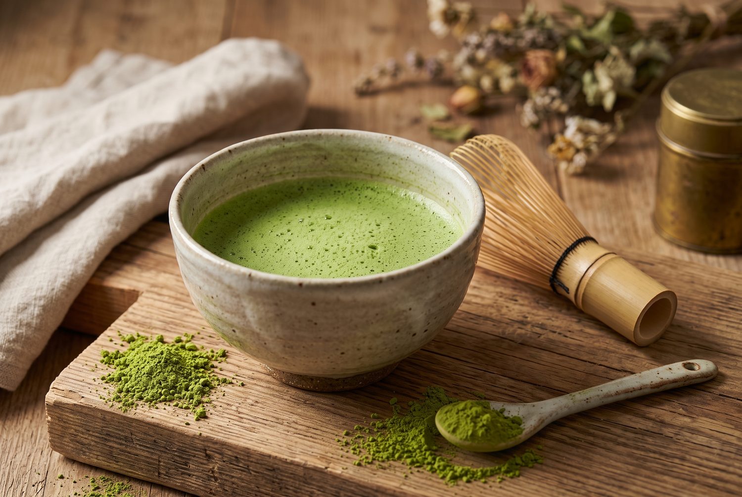 Miska s pěnivou japonskou BIO matcha Uji, sytě zelený prášek a jemná pěna