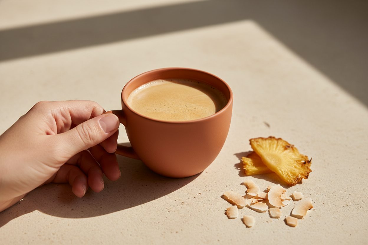 Tropická nálada šálky kávy Piňa Colada s ananásom a kokosom