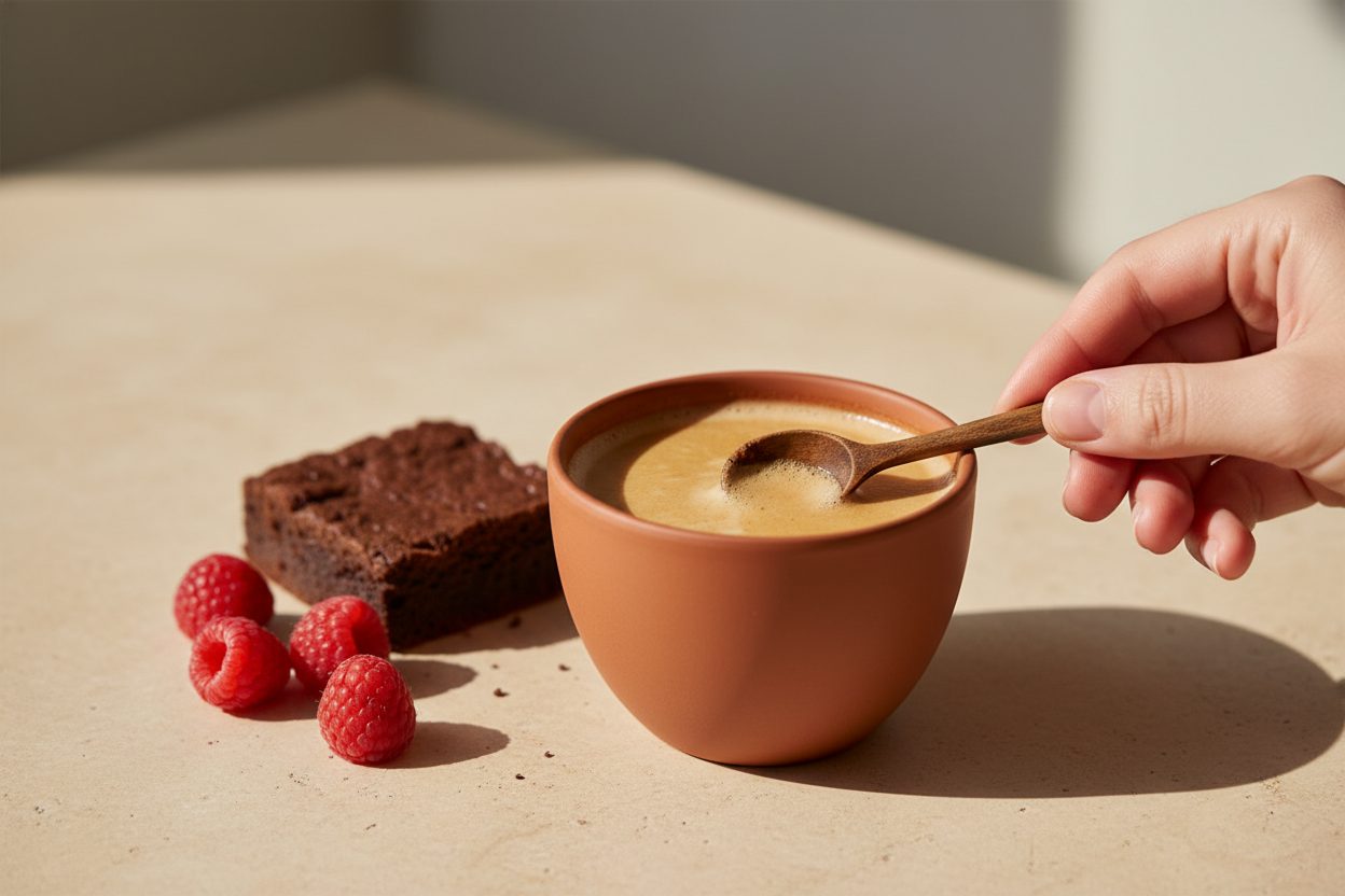 Šálek rozpustné kávy Malinové brownies — tmavá čokoláda a svěží malinová vůně