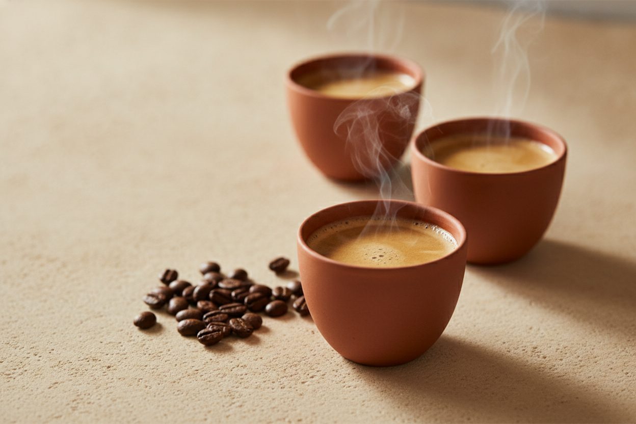 Štyri hrnčeky s rozpustnými kávami v teplej dezertnej nálade - vanilka, karamel, crème brûlée, irish cream