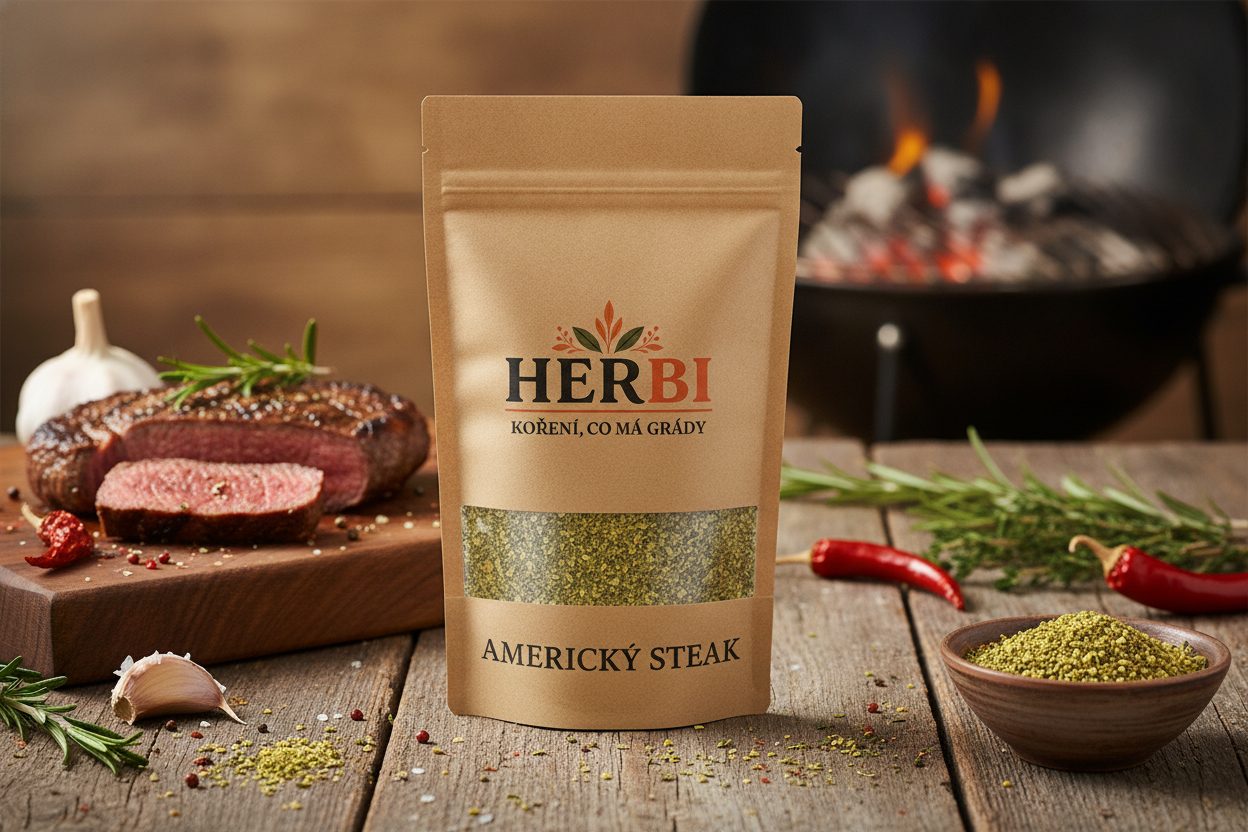 Grilovaný steak s kořeněnou krustou, dřevěné uhlí v pozadí, jantarová nálada