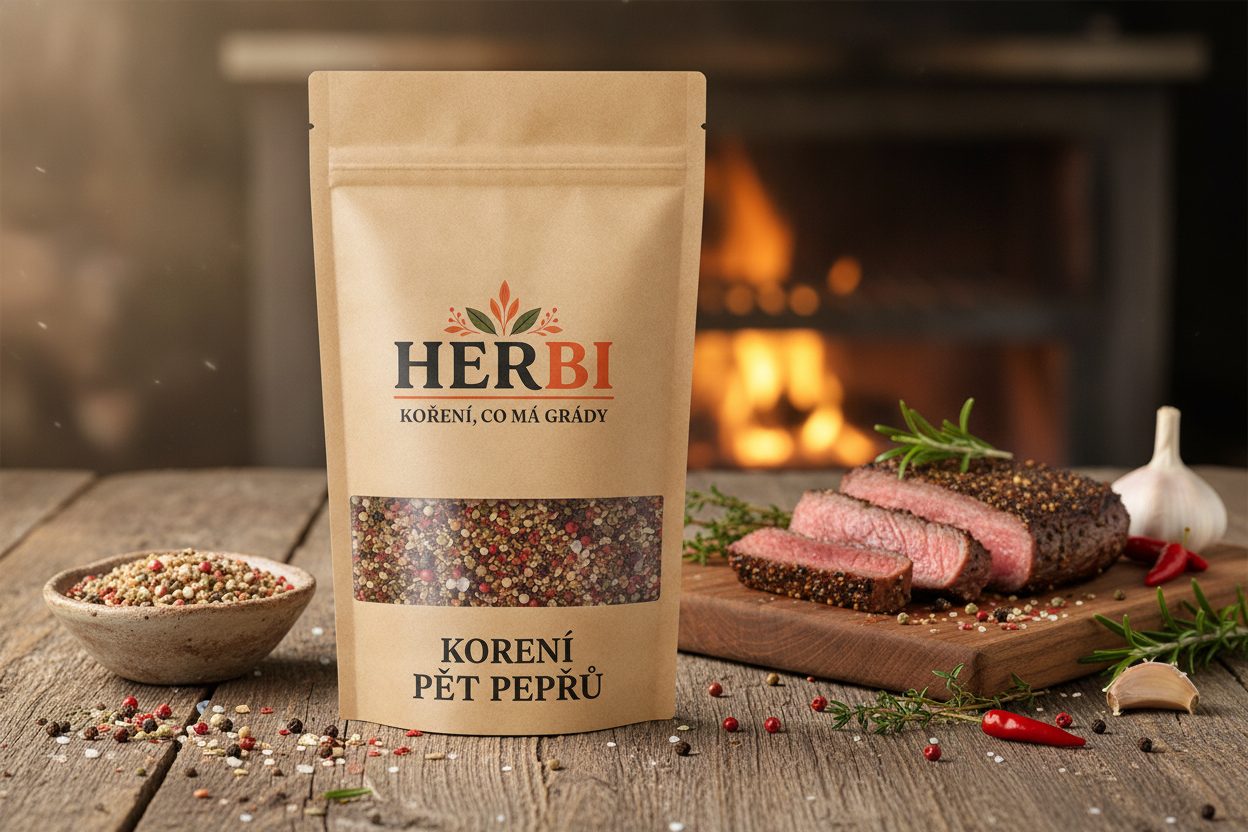 Barevný mix pěti druhů drcených pepřů, vůně kořenitosti a žáru