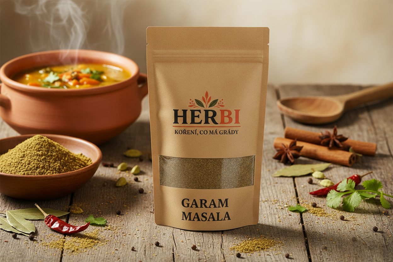 Miska s garam masala obklopená celým kořením a vůní indického trhu