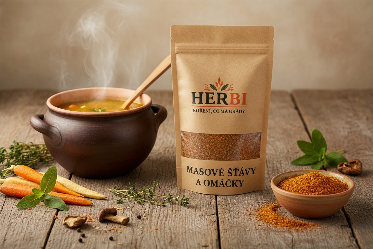 Hustá masová omáčka ve zlatohnědém tónu, aromatické koření v pozadí