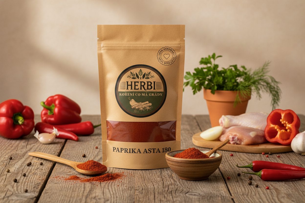 Sytě červená mletá paprika v dřevěné lžičce na rustikálním podkladu