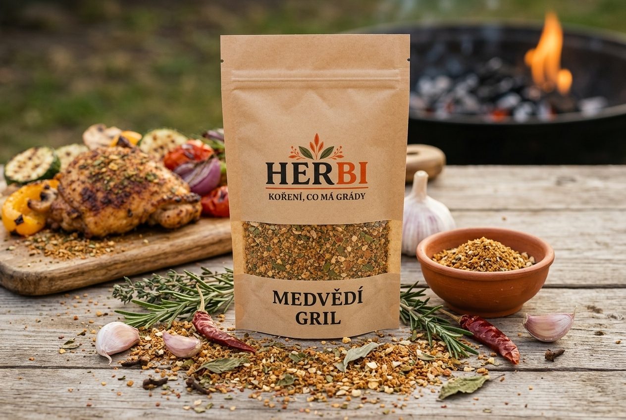 Aromatická bylinková zmes Medvedí gril na grile s mäsom a zeleninou, vôňa byliniek vo vzduchu