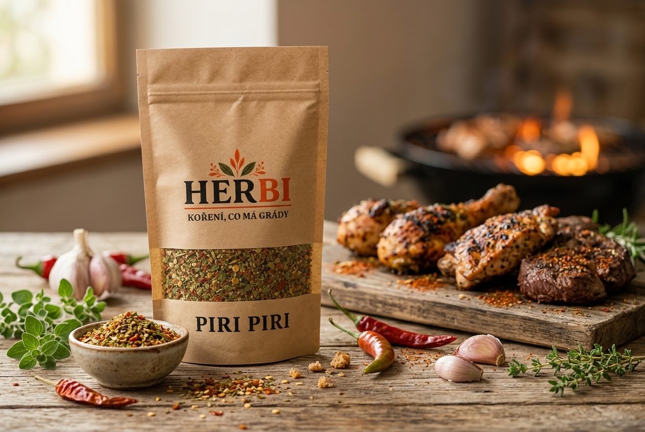 Grilované kuře s pikantní Piri Piri krustou na dřevěném prkénku, v pozadí žhavé uhlí
