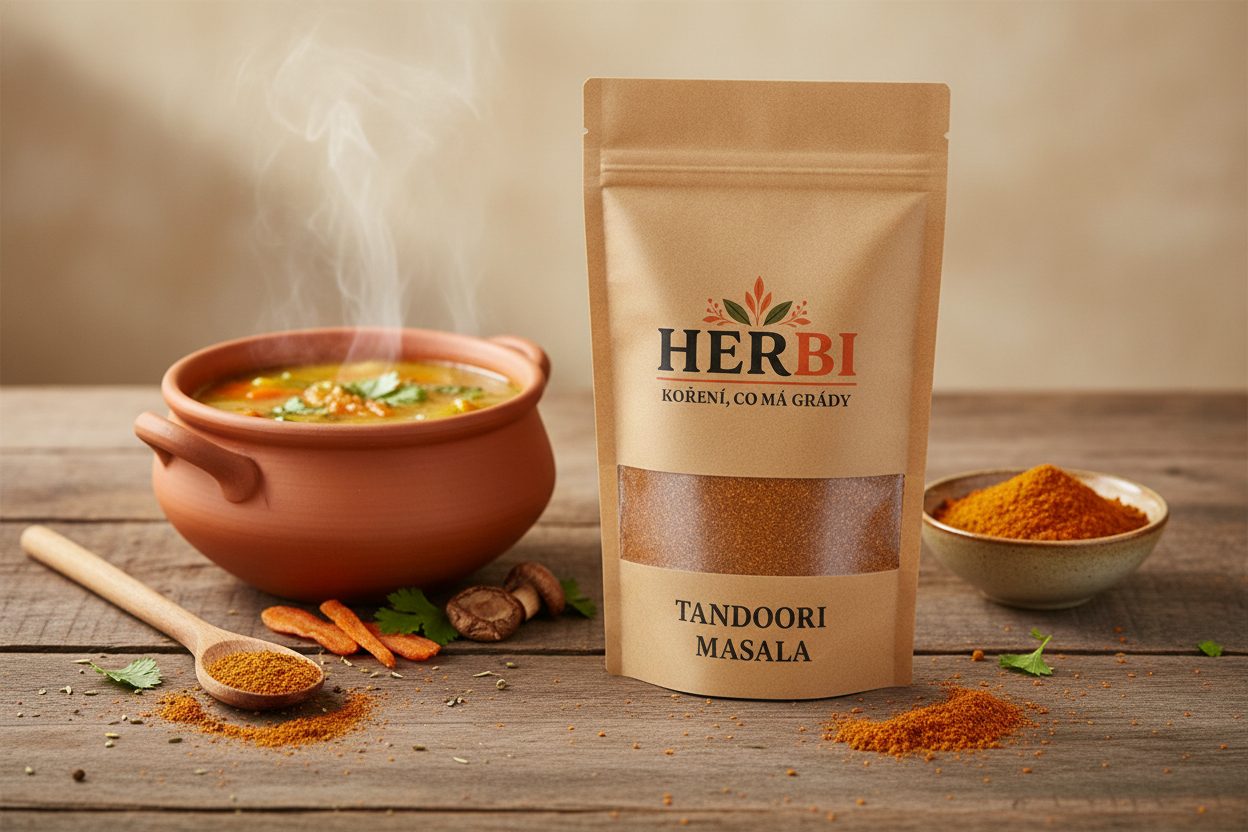 Miska s tandoori marinádou, grilované kuře v hluboce oranžové barvě, indické koření