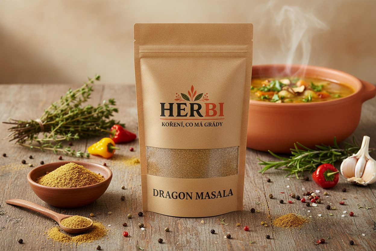 Miska s Dragon Masala směsí koření obklopená celým zázvorem, skořicí a hřebíčkem