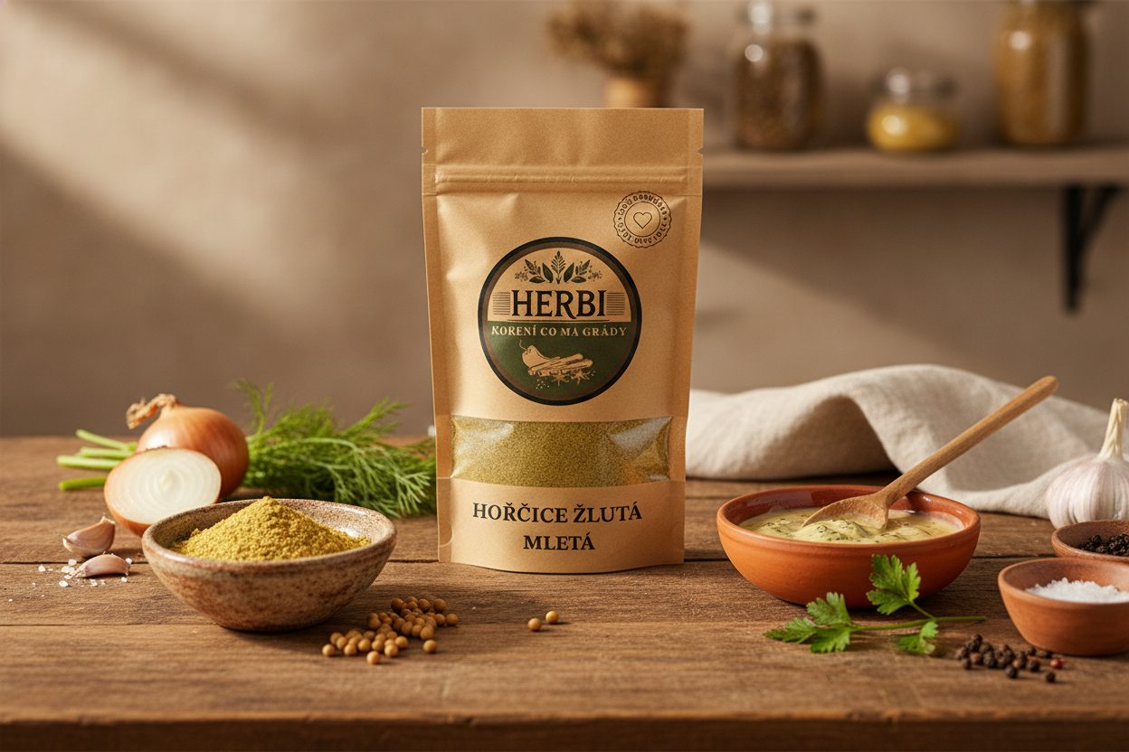 Miska mletej žltej horčice so semenami, zlatistá farba, teplé kuchynské prostredie