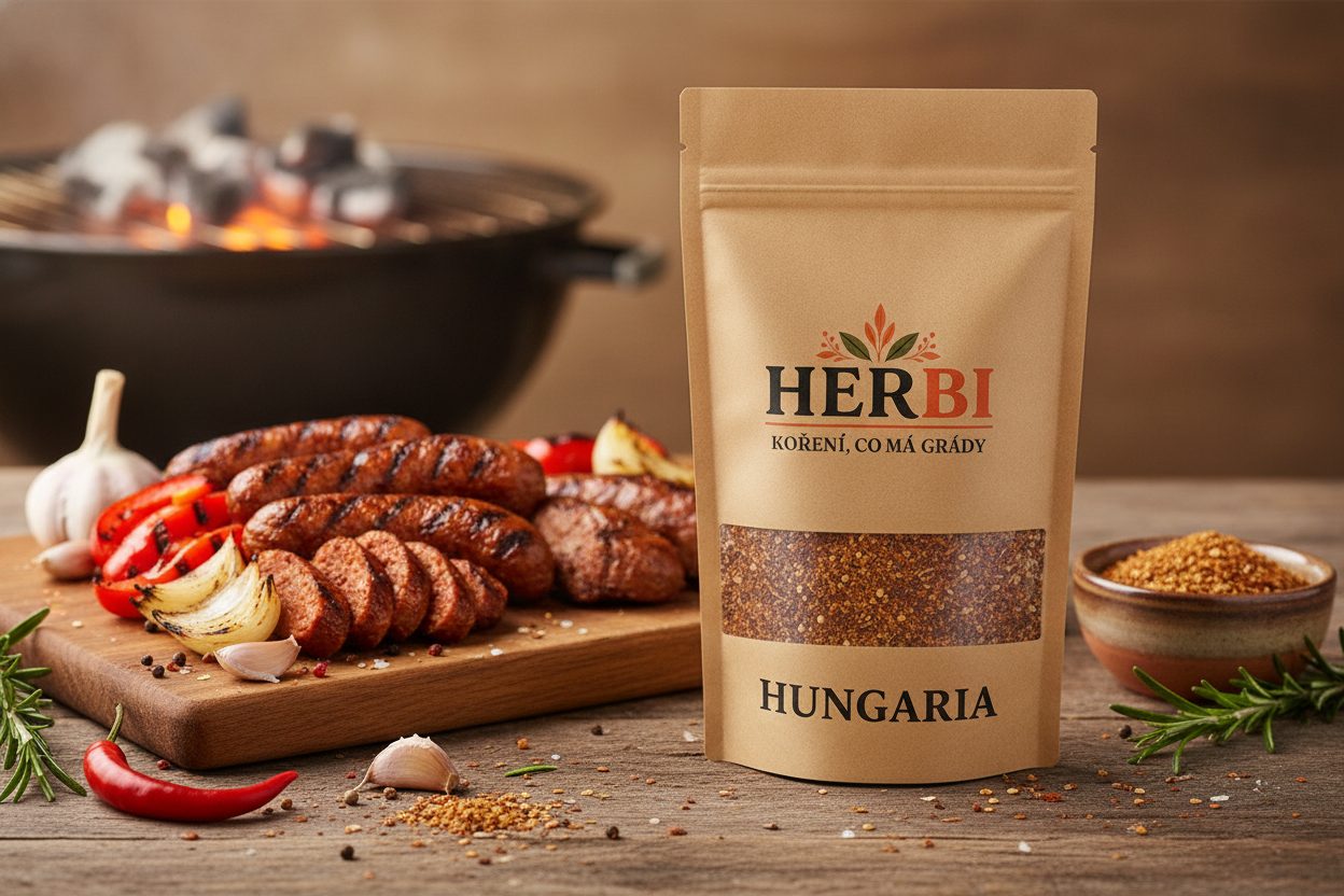 Voňavé maďarské korenie Hungaria - paprika, chilli a bylinky rozliate na tmavom povrchu