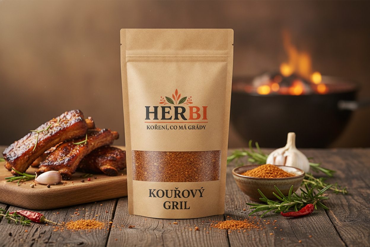 Grilované maso s tmavou kouřovou krustou, výpary z grilu, letní atmosféra