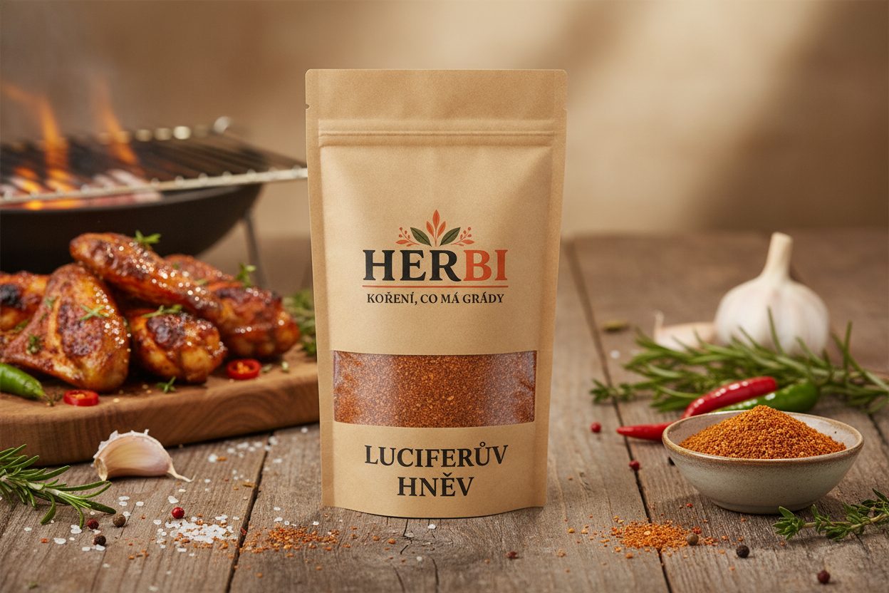 Tmavě červená pálivá směs koření rozsypaná na grilu, žár a kouř