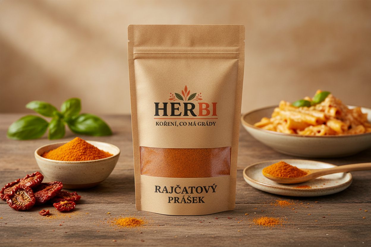 Sytě červený rajčatový prášek v dřevěné lžíci na rustikálním povrchu, kolem čerstvá baby rajčátka