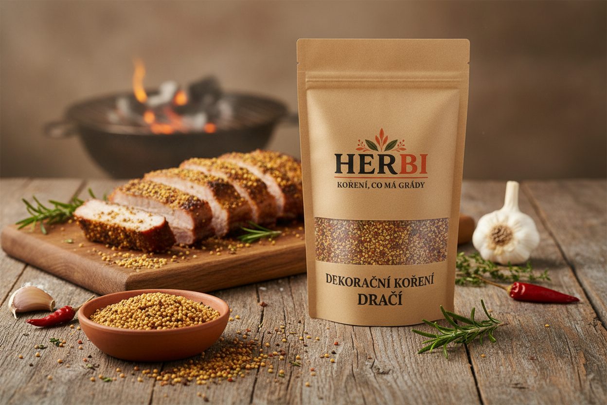 Hrubě mletá barevná koření na dřevěné desce, rozvoněná paprika a kmín