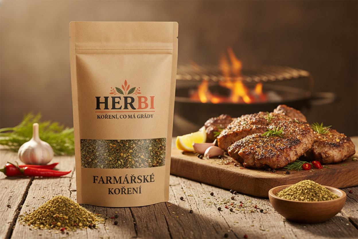 Rustikálna drevená plocha s kôprom, korením, cesnakom a chilli - vidiecka nálada farmárskeho korenia