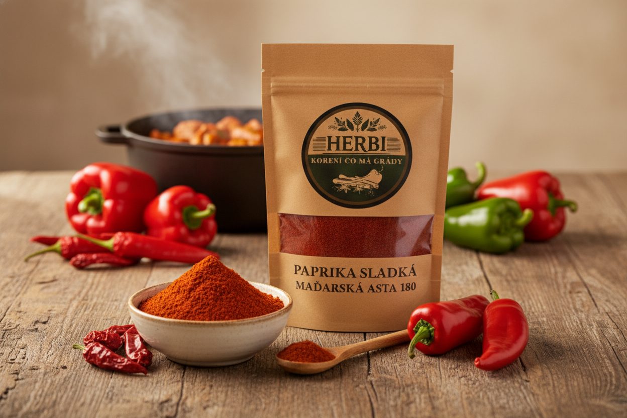 Sytě červená mletá maďarská paprika v dřevěné lžičce na rustikálním podkladu