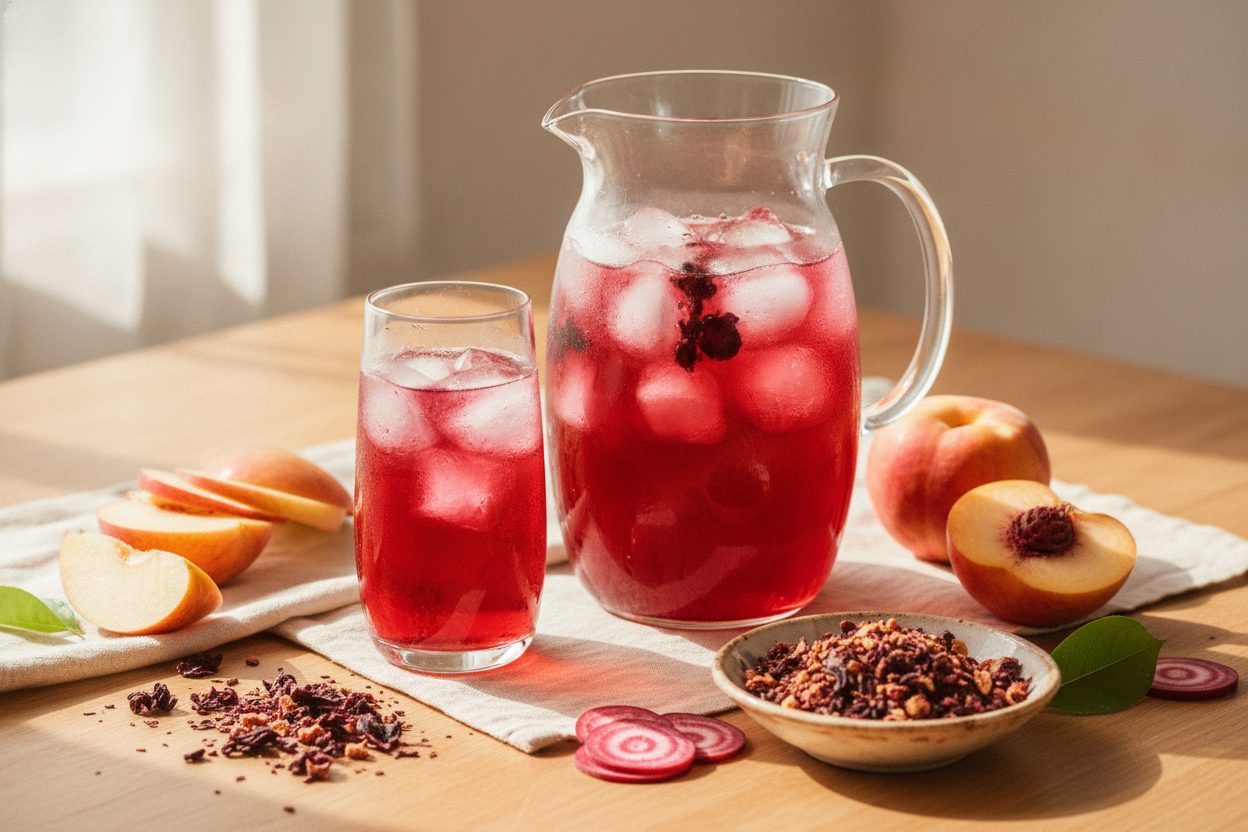 Pohár rubínovo červeného cold brew s plátkami ovocia, teplé jesenné svetlo