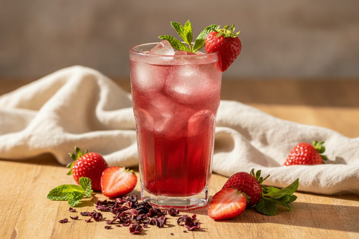 Sytě červený cold brew čaj s mátou a ledem v letním světle