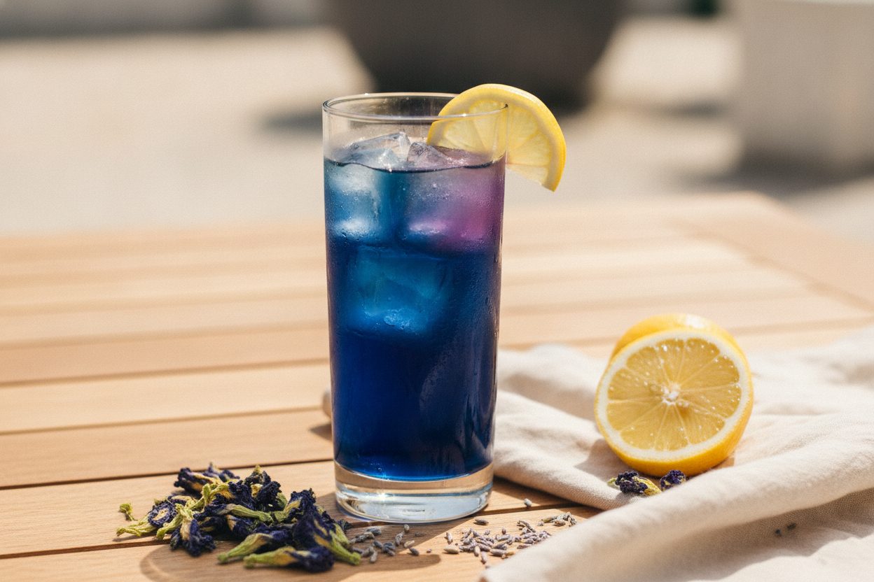 Modrý cold brew čaj v priehľadnom pohári s ľadom, kvapka citróna práve mení farbu na fialovo-ružovú