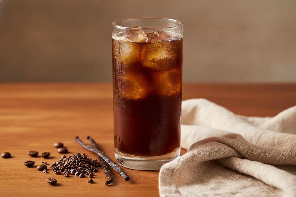 Pohár tmavého ľadového cold brew s kávou, kakaom a vanilkou, ľad a lyžička na okraji