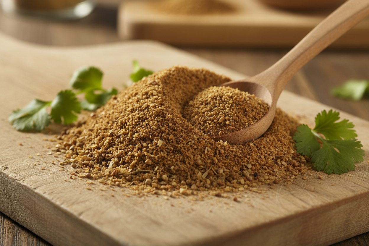 Detail vegetariánskeho korenia - mletý koriander, horčica a rasca