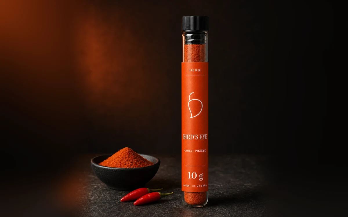 Skúmavka HERBI Bird’s Eye 10 g s miskou chilli prášku a drobnými červenými papričkami