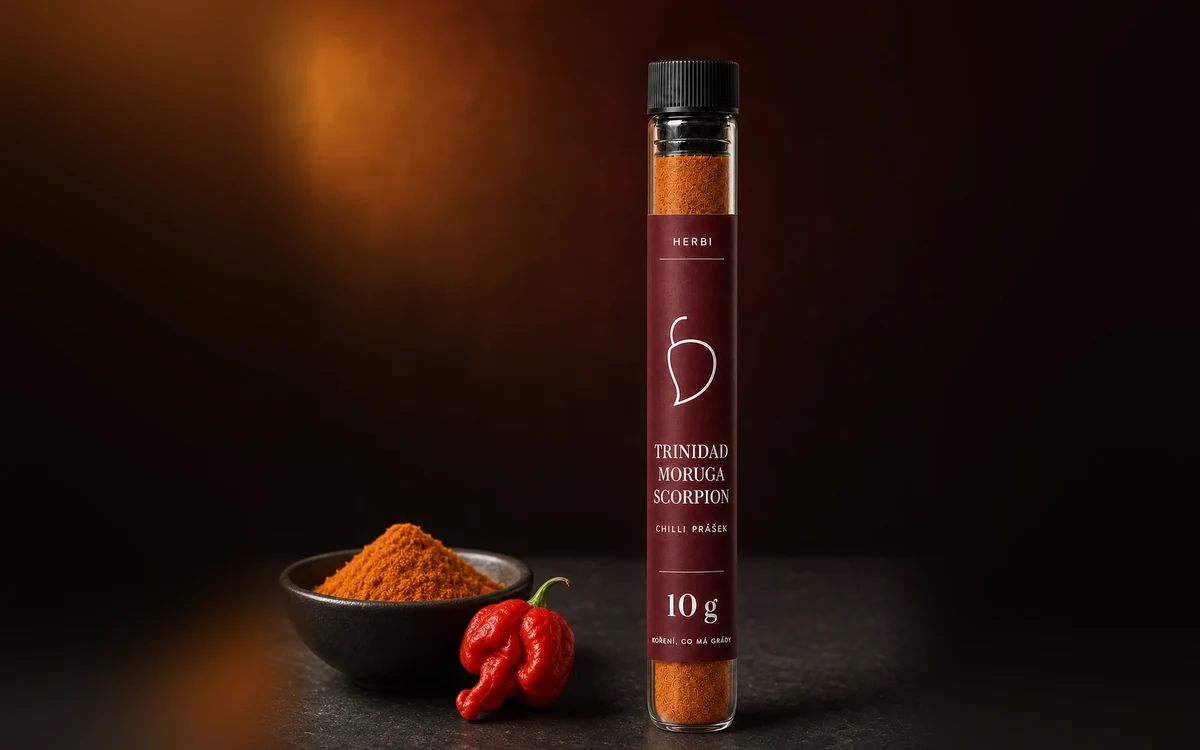 Skúmavka HERBI Trinidad Moruga Scorpion 10 g s miskou chilli prášku a červenou papričkou