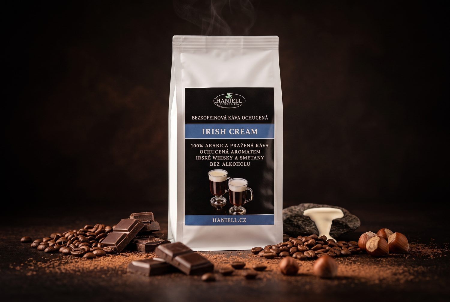 Bezkofeínová zrnková káva Irish Cream - vanilka a karamel v šálke