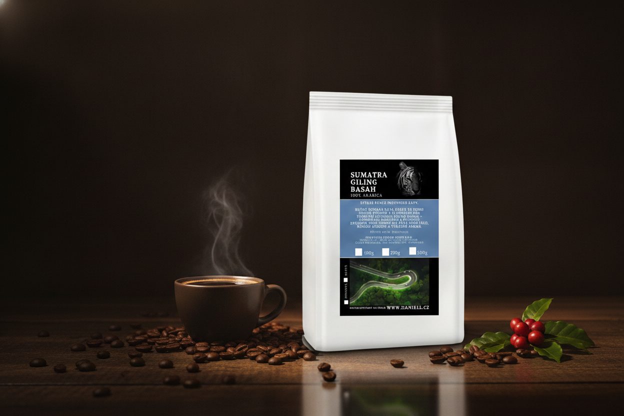 Káva Indonézia Sumatra Giling Basah — zemitá arabica s tmavou čokoládou a korením
