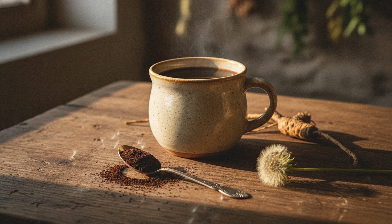 Hrnek pampeliškového kafe na dřevěném stole, vedle lžička praženého mletého kořene pampelišky